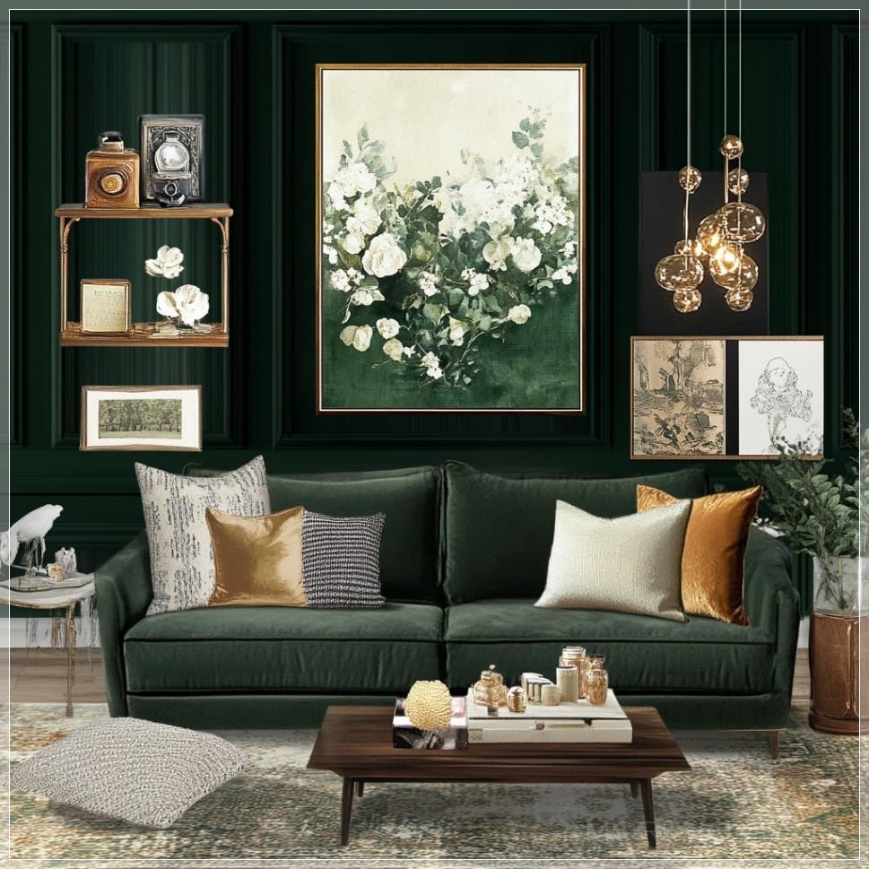 Phòng khách phong cách retro Mỹ với màu xanh đậm chủ đạo