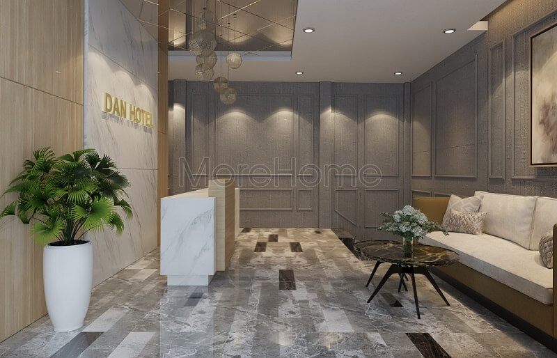 Mẫu thiết kế nội thất sảnh lễ tân của khách sạn hiện đại được trang trí bằng đá nhân tạo màu trắng, tạo nên vẻ đẹp tinh tế và sang trọng khi ốp tường.